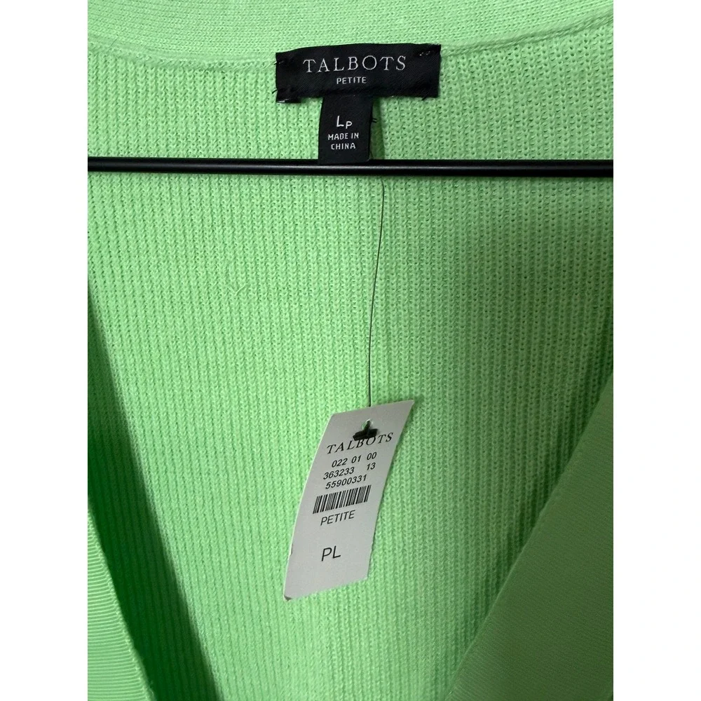 Talbots Cardigan‎ Womens Petite Large Green V-Neck Ribbed Cotton Blend NWT